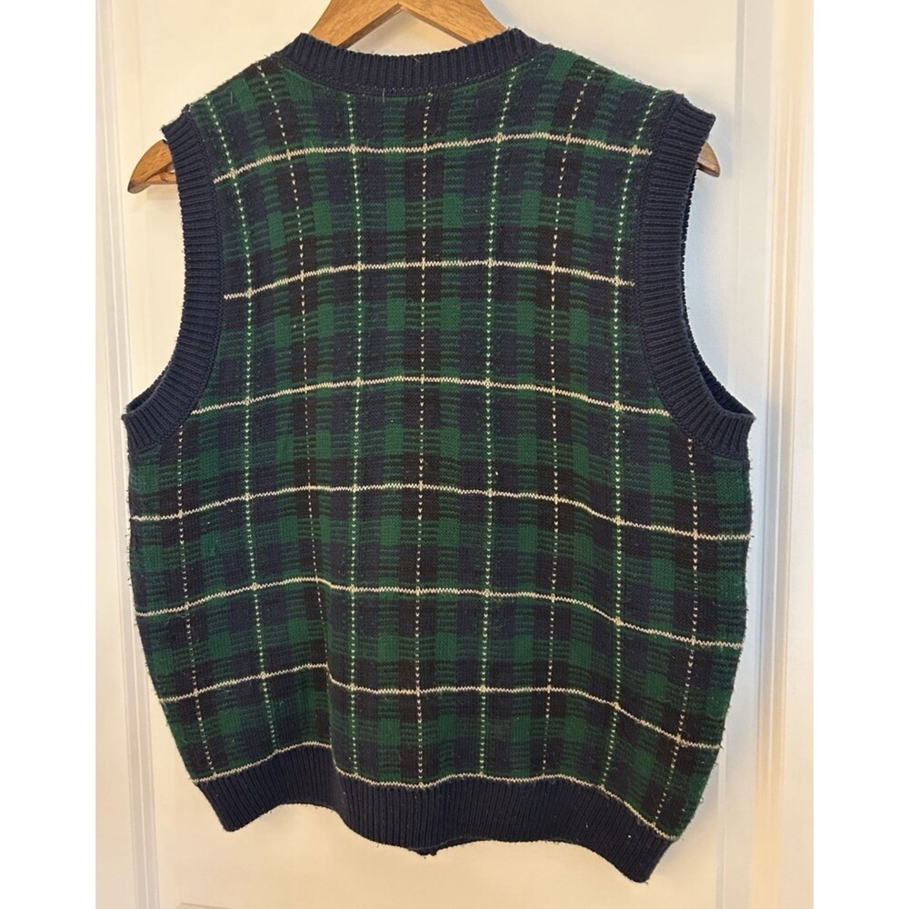 Vintage Plaid Knit Sweater Vest Women Large Green Navy Button Front Academia - Picture 4 of 10